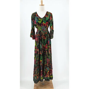 Me Too Magic Womens Maxi Dress Small Peasant Tiered Boho Hippie Dark Floral